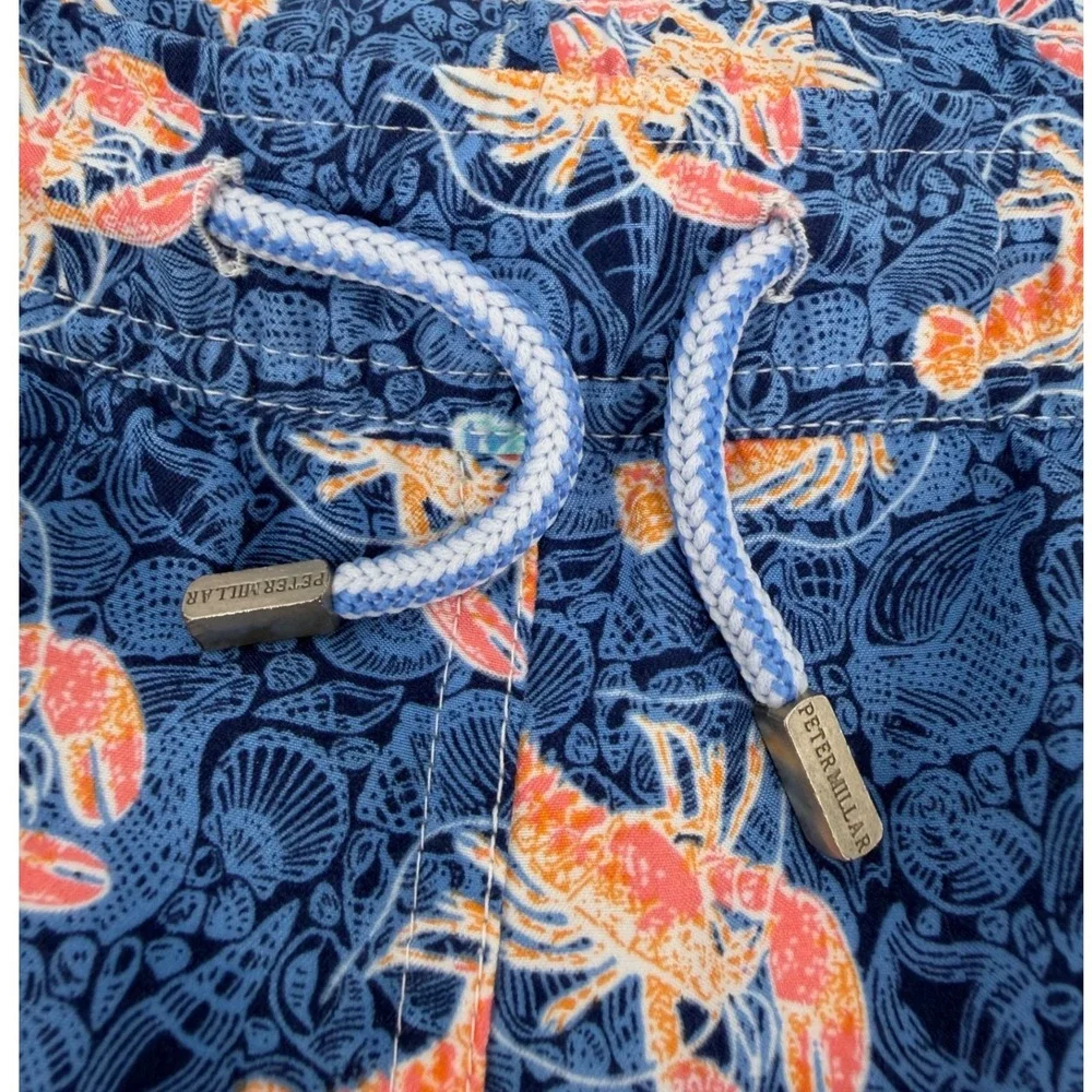 Peter Millar Mens Navy Blue Lobster Shell Print Swim Trunks Mesh Lined Large